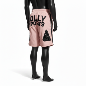 Pantalones cortos cortavientos de poliéster taslan premium de 130 GSM, color rosa con paneles laterales negros, parche de goma con bordado de logotipo personalizado para hombre. - Product Image 4