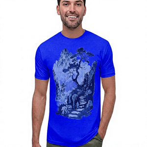 Camiseta de Manga Corta Beige para Hombre con Estampado de Pinos Pintado a Mano, Cuello Redondo, Corte Regular, Ropa Casual - Product Image 6