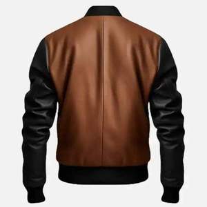 Men's PU Leather Bomber Jacket Moto Style Zipper Closure Turn-down Collar Solid Black Brown Accents Autumn Wear - Product Image 2