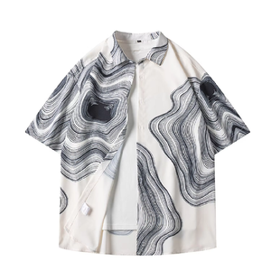 Nouveau pull-over de luxe à manches courtes pour homme, chemise décontractée en coton imprimé à col montant, style tendance et ample pour l'été - Product Image 1