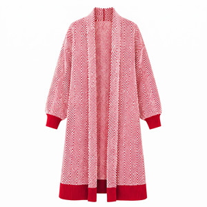 Cardigan long en tricot pour femme, motif chevrons, manches lanternes, ouvert sur le devant, décontracté, pour l'hiver, 100 % acrylique, anti-boulochage - Product Image 5
