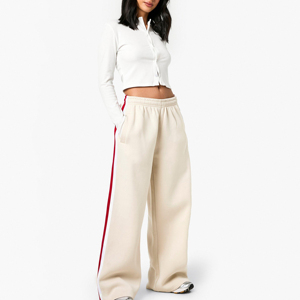 Women Cream Sweatpants With Red And <b>White</b> Side Stripe Elastic Waist Casual Autumn Knitted Pants - Product Image 5