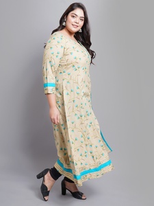 Kurti Anarkali imprimé fleuri kaki en tissu rayonne avec col en V et manches trois quarts pour femmes grandes tailles - Product Image 5