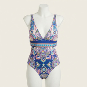 Women's <b>Bikini</b> Crew Neck Paisley Print High Waist Spandex Polyester Stretch Contrast Binding Eco-Friendly Breathable 1 Front - Product Image 1