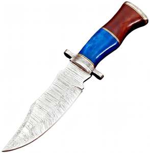 Herramienta fija de acero damasco con patrón de plumas hecha a mano, con mango de madera dura y hueso estabilizado azul. - Product Image 3