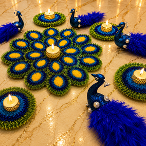 Alfombra Rangoli de Lana Hecha a Mano de Alta Calidad, Juego de Diya con Plumas de Pavo Real, Decoración para el Festival Diwali Pooja, Decoración del Hogar - Product Image 4