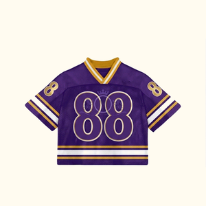Maillot de hockey sur glace personnalisé, col en V, manches courtes, maille respirante en polyester, vêtements de sport pour hommes adultes, numéro 88, design violet et or - Product Image 1