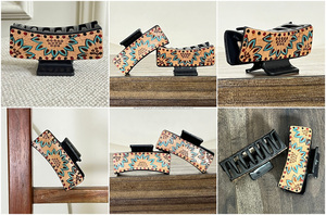 กิ๊บติดผมหนังวัวแท้สำหรับผู้หญิง ประดับดอกไม้สไตล์ตะวันตก ตกแต่งด้วยเทอร์ควอยซ์ งานแฮนด์เมดสุดหรู  เครื่องประดับแฟชั่นสำหรับสุภาพสตรี - Product Image 3