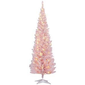 Albero di Natale Artificiale Sottile da 1,8 m con Rami Rosa Realistici e Luci LED Bianche Calde, Luci Natalizie a Forma di Matita - Product Image 1