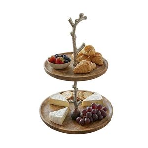 Natural Acacia Wood Eco-Friendly 2-Tier <b>Cake</b> Stand Metal Branch Handle Dishwasher Safe Dessert Display <b>Server</b> for Wedding Party - Product Image 1