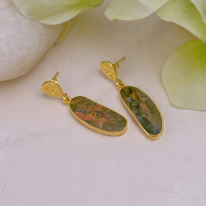 Genuine Unakite Gemstone <b>Cute</b> Bezel Setting Stud <b>Earrings</b> for Women 18K Gold Plated Brass Handmade Statement Jewelry - Product Image 1
