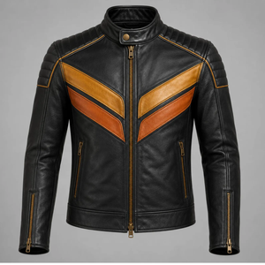 Blouson de moto unisexe en cuir noir avec empiècements orange, manches longues, coupe-vent, respirant, protection UV, ventilé - Product Image 3