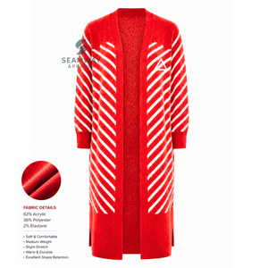 Delta | Sigma | Theta Women's Longline Open Front Cardigan <b>Red</b> White Striped Ribbed Cuffs Embroidered Duster With Side Slit - Product Image 2