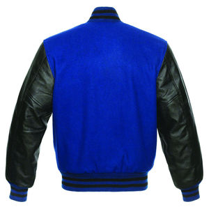 Men's Royal Blue Varsity <b>Jacket</b> With <b>Black</b> Leather Sleeves Stand Collar Casual Autumn Wear - Product Image 2