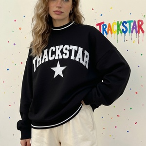 Sweat-shirt oversize à col montant bleu marine pour femme, broderie Trackstar, rayures fines blanches, pull épais - Product Image 3