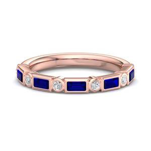 Anillo apilable de lujo con bisel de diamantes talla baguette y redondos brillantes en oro rosa y zafiro azul, joyería de moda para mujer - Product Image 2