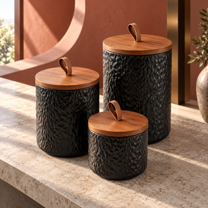 Three Piece Black Textured Ceramic <b>Canister</b> <b>Set</b> with Wooden Lids and Leather Loop Handles | Modern Kitchen Storage Jar Organizer - Product Image 3