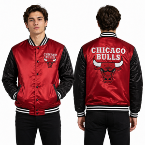 Veste en satin personnalisée, couleur de l'équipe de basket de Chicago, rouge et noir, logo brodé, veste bomber, vêtements d'équipe, fabricant en gros - Product Image 1