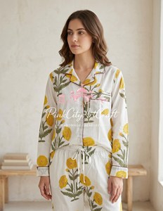 Premium Women's Cotton Floral Hand Block Printed Elegant 2-Piece Night Suit Long Sleeve Notch Collar Button-<b>Down</b> Full-Length - Product Image 4
