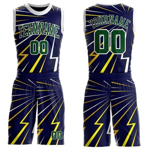 Ensemble de maillots de basket-ball sublimés personnalisés, unisexe, adulte, bleu marine, vert, jaune, imprimé éclair, nom de l'équipe, numéro 00, maille respirante - Product Image 1