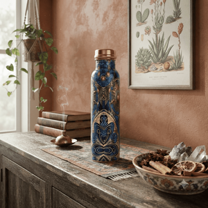 Botella de Agua Artesanal de Cobre con Diseño Geométrico Azul, Recipiente Metálico Reutilizable para Bebidas, Venta al por Mayor, Hecho a Mano en India, Regalo para Cocina, Exportación - Product Image 4