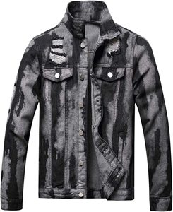 Veste en jean pour homme à col montant et boutons apparents, style streetwear, de créateur, à prix abordable, effet déchiré - Product Image 1