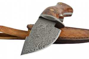 Couteau utilitaire d'extérieur personnalisé fait main en acier Damas à lame fixe avec manche en bois de burl et étui en cuir - Product Image 2