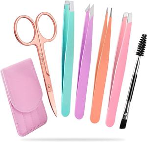Paquete Personalizado de 6 Pinzas de Cejas de Acero Inoxidable ESD, Juego Colorido con Punta Inclinada y Estuche de Cuero - Product Image 1