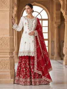 Women Traditional Indian Pakistani Wedding Pure Chino Silk <b>Lehenga</b> Choli Set Red <b>White</b> Embroidered Floor-Length Regular Fit - Product Image 1