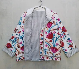 <b>White</b> Multicolor Floral TNT Cotton Suzani Embroidered Boho <b>Jacket</b> with Striped Lining Open Front Artisan <b>jacket</b> - Product Image 3