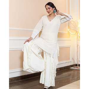 Conjunto Sharara Chandani Talla XS Blanco Elegante y Ecológico con Bordado Chikankari - Product Image 6