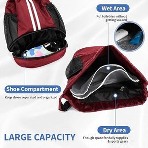 Red Canvas <b>Drawstring</b> <b>Backpack</b> with Mesh Side Pockets and Zippered Bottom Compartment 30-40L for Gym Sports Travel - Product Image 4