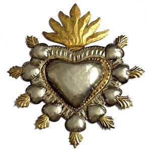 Escultura de Corazón Sagrado Dorado de Estilo Vintage, Corazón Flameante Ornamentado, Milagro, Arte Religioso Católico Tradicional, Relieve 3D - Product Image 1