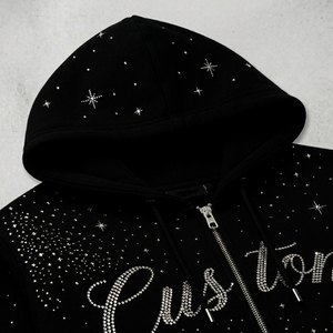 Custom Rhinestone Print <b>Zip</b>-<b>Up</b> <b>Hoodie</b> Unisex <b>Black</b> Casual Hooded Sweatshirt Regular Fit Autumn Knitted 100% Polyester - Product Image 3