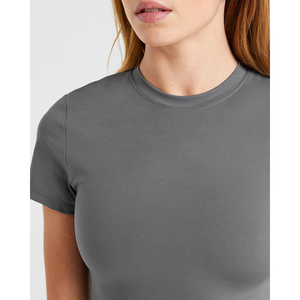 Camiseta de Punto para Mujer, Color Gris Sólido, Manga Corta, Cuello Redondo, Deportiva, Transpirable, para Todas las Temporadas - Product Image 3