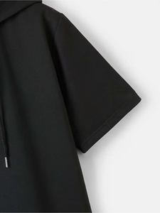 Men's Black Hooded Short Sleeve T-Shirt Oversized Cotton Jersey Casual Solid Front Logo Print Breathable Knitted - Product Image 5