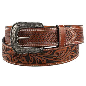 Wholesale Unisex Floral and Basket Weave Design Engraved Full Grain <b>Harness</b> Western Leather Tooling belt for jeans or pants - Product Image 2