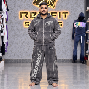 Custom Unisex Acid Washed Fleece Full Zip Hoodie Wide Leg Sweatpants Distressed Custom <b>Label</b> Casual Tracksuit OEM Supplier <b>Maker</b> - Product Image 1