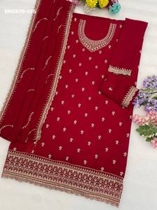 ชุดสูทซัลวาร์ผ้าไหมจอร์เจียต์คุณภาพดีเยี่ยม พร้อมด้วยดิ้นปักลายดิ้นซารีขนาด 3 มม. แบบกึ่งสำเร็จรูป จำหน่ายราคาส่ง - Product Image 4