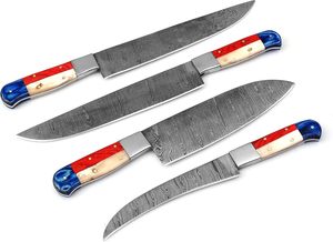 Ensemble de 4 couteaux de chef en acier Damas pour cuisine, avec manches en bois d'olivier, lames à bord dentelé pour droitiers - Product Image 3