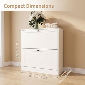 Meuble à chaussures blanc en bois, fin et étroit, avec 2 tiroirs basculants, 80 cm x 30 cm x 80 cm, organisateur de rangement anti-basculement pour chaussures - Product Image 3