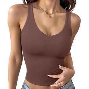 Camiseta sin mangas ligera de verano para mujer, con tirantes, acanalada, a la moda, con doble forro, cuello en V, informal, con logo frontal, ropa deportiva moderna. - Product Image 1