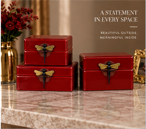 Ruby Red Glass Jewelry Storage Box Set with <b>Black</b> Dragonfly Handle Glossy Finish Soft Lining Decorative Keepsake Organizer - Product Image 2