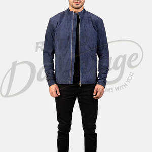 Chaqueta de cuero de gamuza azul pizarra para hombre, piel de oveja auténtica, corte ajustado, estilo casual, tipo motociclista, con cremallera, estilo bomber. - Product Image 4