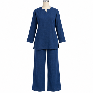 Conjunto de lino para mujer, top azul de manga larga, pantalones de pierna ancha con cintura elástica, atuendo informal de verano | Conjunto de Dos Piezas para Mujer - Product Image 1