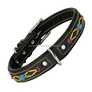 Collar de perro de cuero genuino de doble capa con diseño de hilo rojo, azul y amarillo personalizado con herrajes clásicos de latón de níquel - Product Image 6