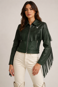 Men's Genuine Leather Fringe <b>Jacket</b> Forest Green <b>Western</b> Cropped Eco-Friendly Anti-UV Custom Logo OEM ODM Wholesale Bulk - Product Image 2