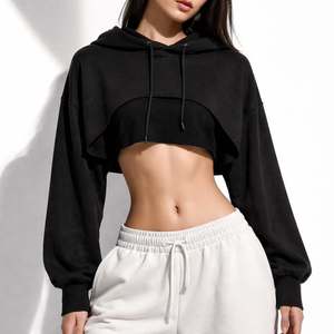 Women's Black <b>Layered</b> Cropped Pullover Hoodie Long Sleeve Drawstring Hooded Sweatshirt Casual Crop <b>Top</b> - Product Image 1