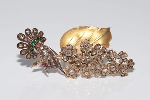Broche Antiguo de Oro Sólido de 14K con Diamante de Corte Rosa y Esmeralda Cultivados en Laboratorio, Certificados por IGI, para Regalo de Boda, para Mujeres y Hombres - Product Image 4