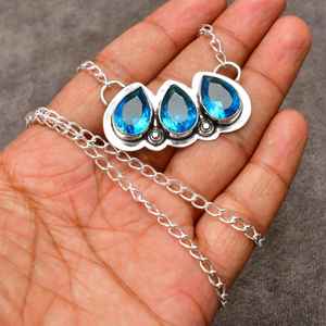 ชุดเครื่องประดับเงินแท้ 925 สุดหรู ประดับพลอยบลูโทแพซทรงหยดน้ำ ต่างหูและสร้อยคอสำหรับผู้หญิง เหมาะสำหรับงานแต่งงาน - Product Image 5